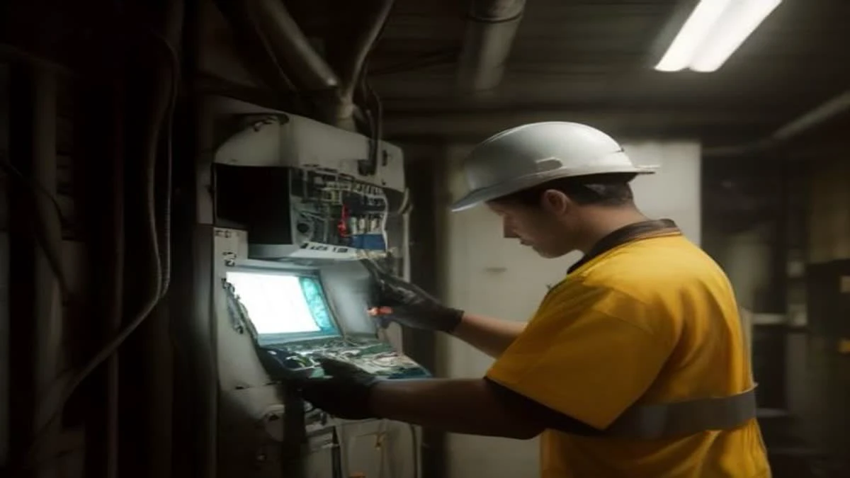 A technician in a hard hat working on electrical equipment inside a clean industrial facility