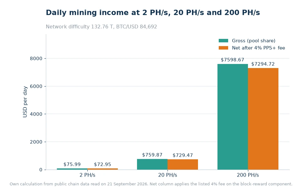Bar chart of gross and net daily mining income at 2 PH/s, 20 PH/s and 200 PH/s