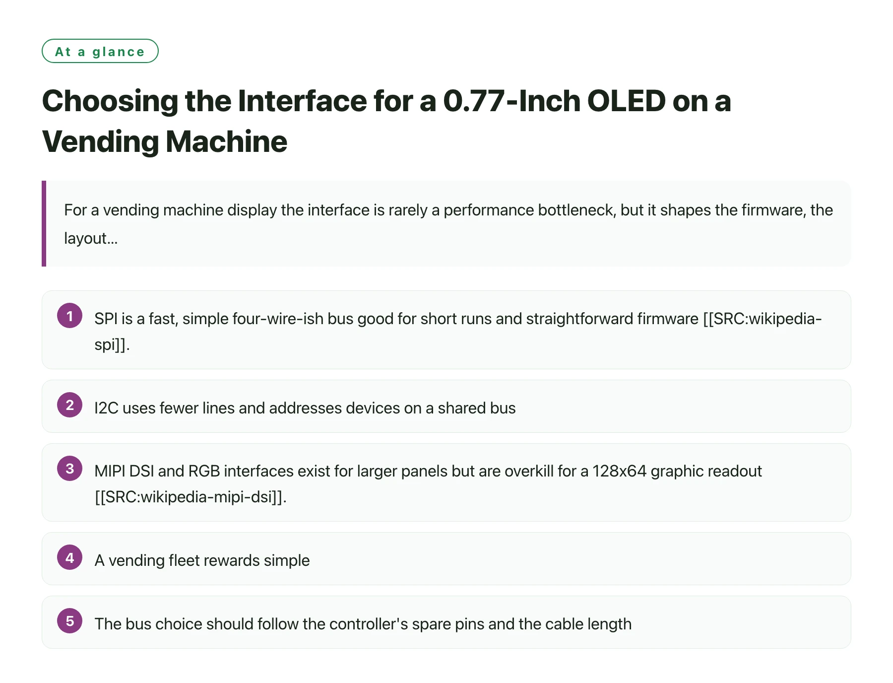 Choosing the Interface for a 0.77-Inch OLED on a Vending Machine——全文要点速览